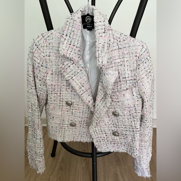 Aqua Jackets & Blazers - AQUA tweed blazer silver buttons XS white, pink, blue, silver, and purple spots